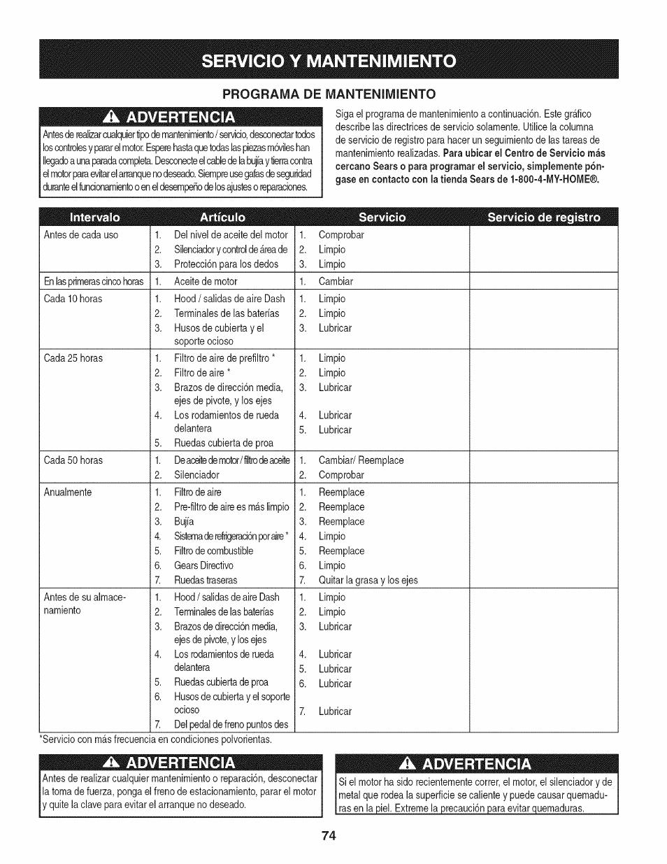 A advertencia, Servicio y mantenimiento, Advertencia | Programa de mantenimiento | Craftsman 247.28901 User Manual | Page 74 / 92