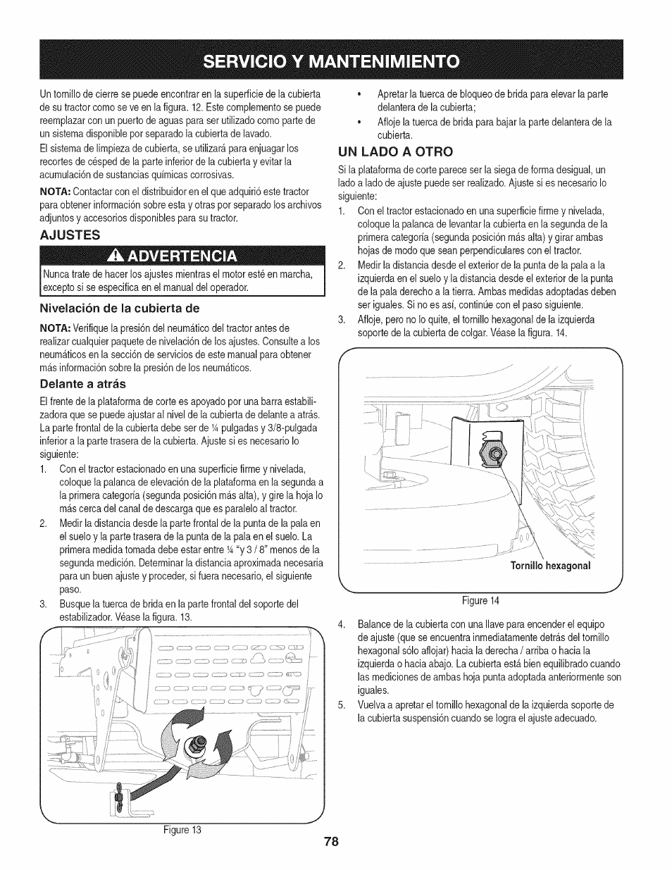 Ajustes, A advertencia, Nivelación de la cubierta de | Delante a atrás, Un lado a otro, Servicio y mantenimiento, Advertencia | Craftsman 247.28901 User Manual | Page 78 / 92