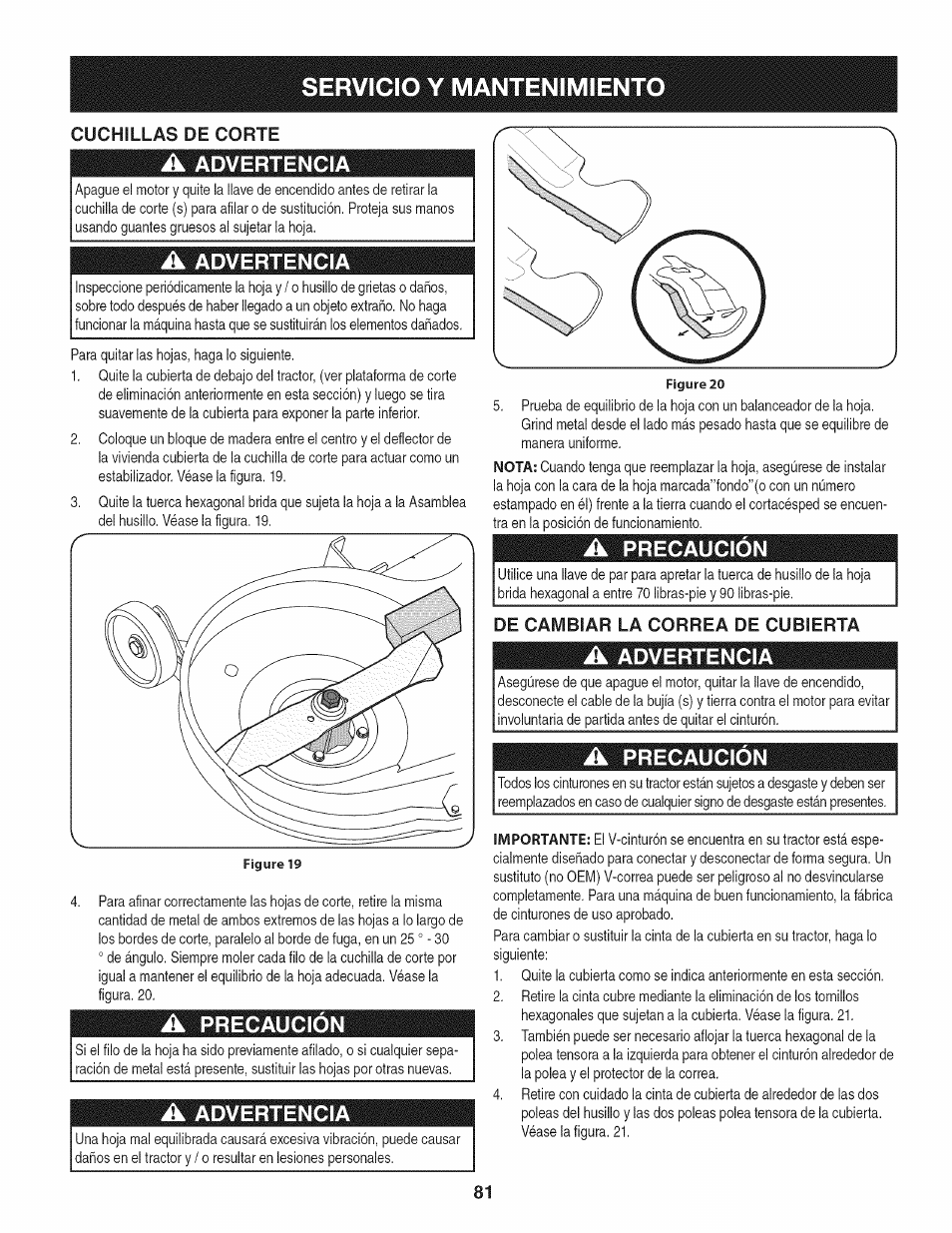 A advertencia, A precaución, De cambiar la correa de cubierta | Servicio y mantenimiento, Advertencia, Precaución, Cuchillas de corte | Craftsman 247.28901 User Manual | Page 81 / 92