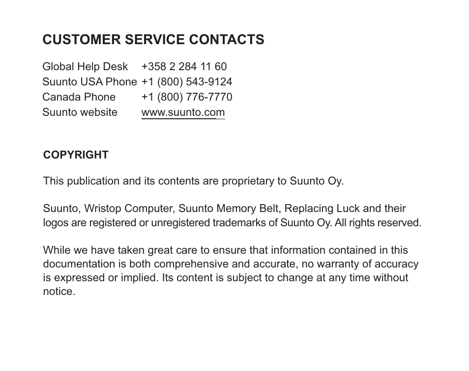 Customer service contacts | SUUNTO MEMORY BELT User Manual | Page 21 / 22