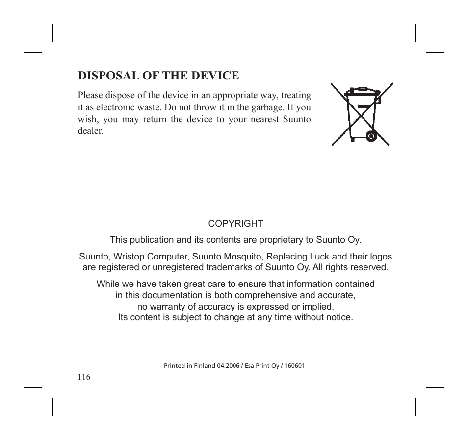 Disposal of the device | SUUNTO MOSQUITO User Manual | Page 118 / 122