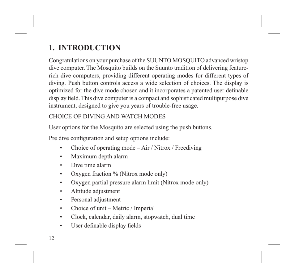 Introduction | SUUNTO MOSQUITO User Manual | Page 14 / 122