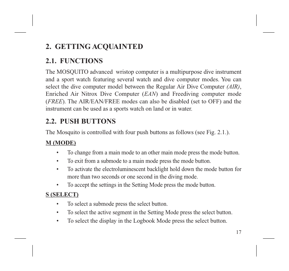 Getting acquainted, Functions, Push buttons | SUUNTO MOSQUITO User Manual | Page 19 / 122