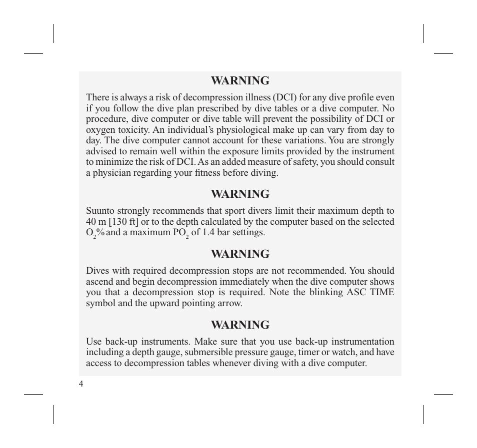 Warning | SUUNTO MOSQUITO User Manual | Page 6 / 122