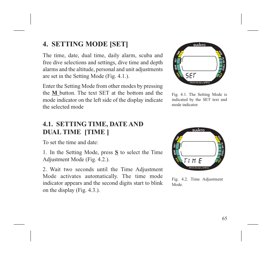 Setting mode [set, Setting time, date and dual time [time | SUUNTO MOSQUITO User Manual | Page 67 / 122