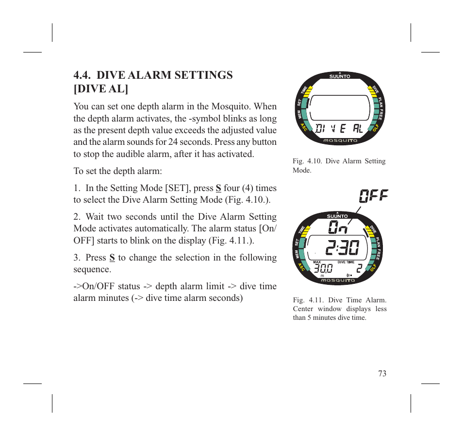 Dive alarm settings [dive al | SUUNTO MOSQUITO User Manual | Page 75 / 122