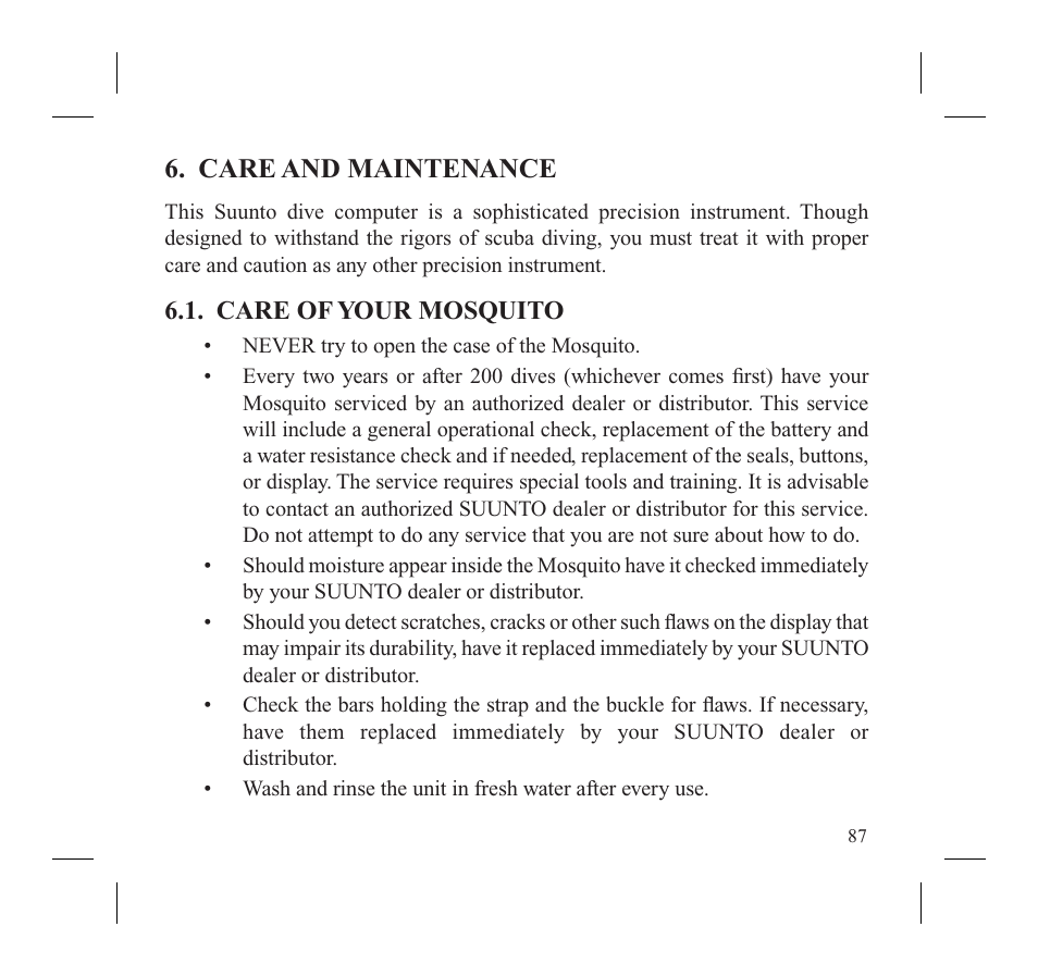 Care and maintenance, Care of your mosquito | SUUNTO MOSQUITO User Manual | Page 89 / 122