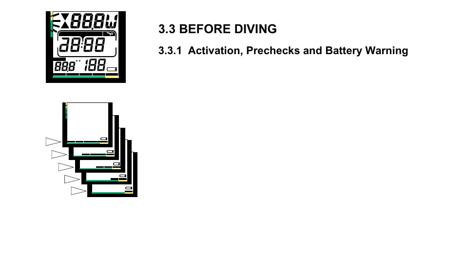 3 before diving, 1 activation, prechecks and battery warning, Ca b d e | SUUNTO OCTOPUS II User Manual | Page 22 / 66