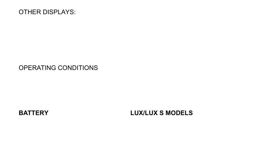 Other displays, Operating conditions, Battery lux/lux s models | SUUNTO OCTOPUS II User Manual | Page 62 / 66