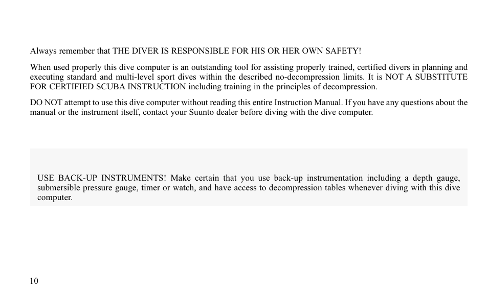 For your safety, Back-up instruments, Warning | SUUNTO FAVOR S User Manual | Page 10 / 65