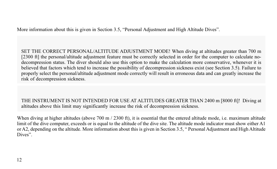 Personal/high altitude adjustment, Warning | SUUNTO FAVOR S User Manual | Page 12 / 65