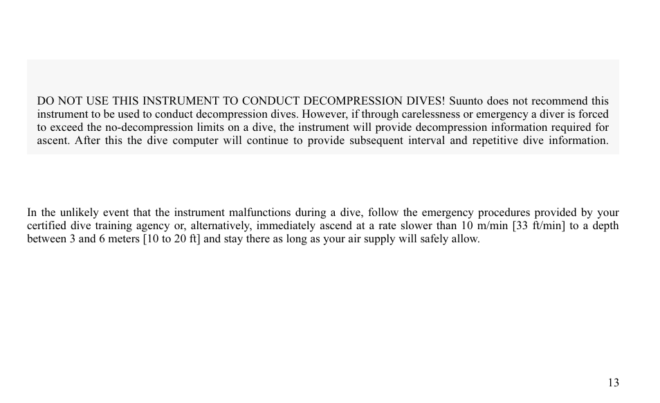 Decompression dives, Emergency ascents, Warning | SUUNTO FAVOR S User Manual | Page 13 / 65