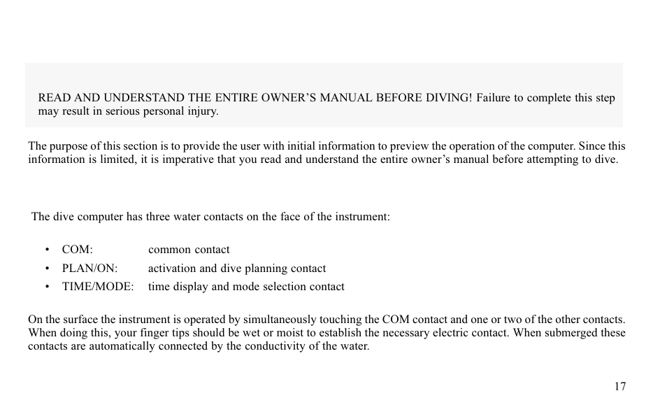 Getting acquainted with the dive computer, 1 water contacts, Warning | SUUNTO FAVOR S User Manual | Page 17 / 65