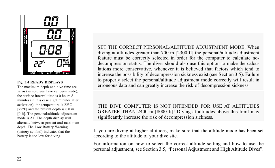 Personal adjustment and high altitude diving, Warning | SUUNTO FAVOR S User Manual | Page 22 / 65