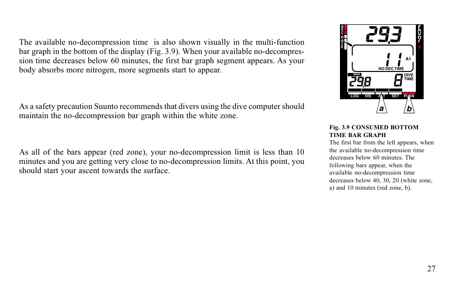 2 consumed bottom time (cbt) bar graph, White zone (a), Red zone (b) | SUUNTO FAVOR S User Manual | Page 27 / 65