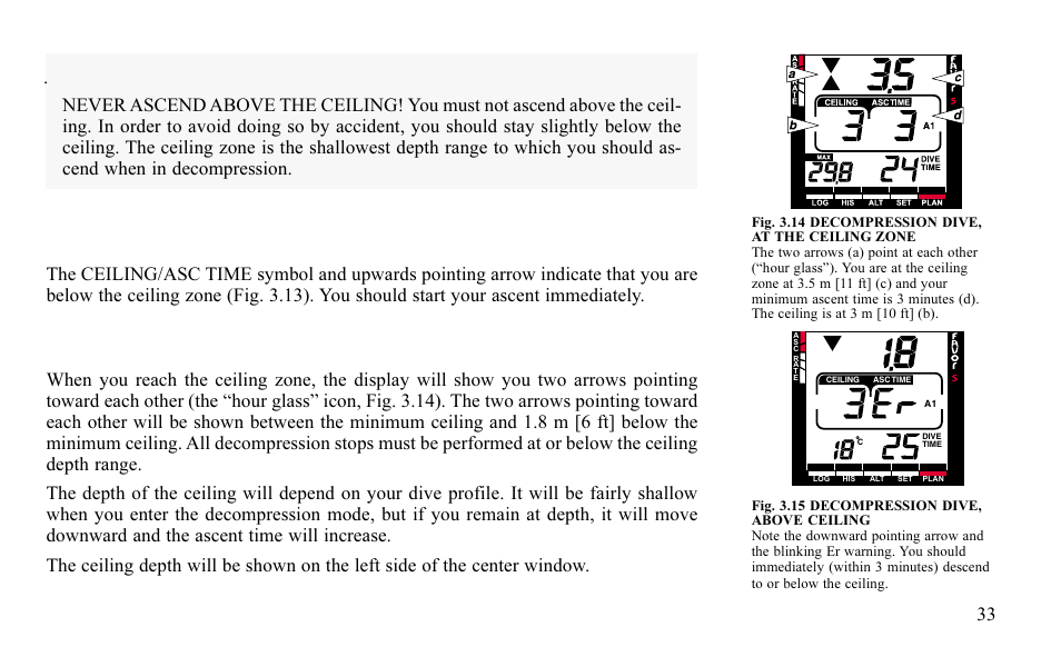 Display below ceiling zone, Display at ceiling zone, Warning | SUUNTO FAVOR S User Manual | Page 33 / 65