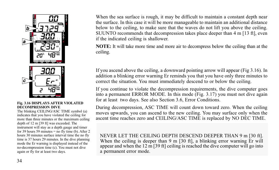 Display above ceiling, Warning | SUUNTO FAVOR S User Manual | Page 34 / 65