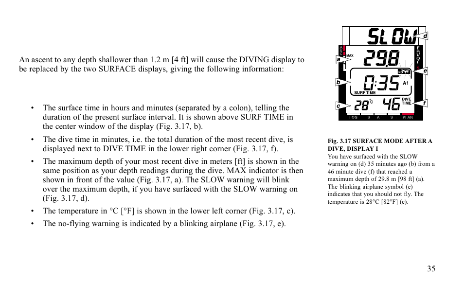 4 at the surface, 1 surface interval, Display i (fig. 3.17) | SUUNTO FAVOR S User Manual | Page 35 / 65