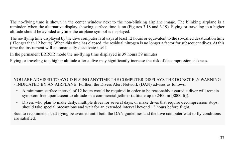 Warning, 2 flying after diving | SUUNTO FAVOR S User Manual | Page 37 / 65