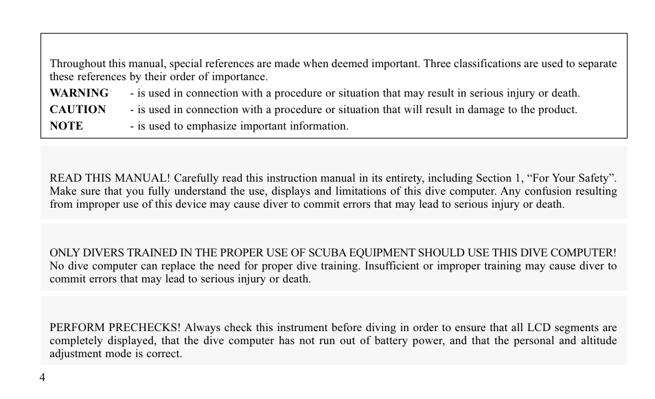 Warning | SUUNTO FAVOR S User Manual | Page 4 / 65