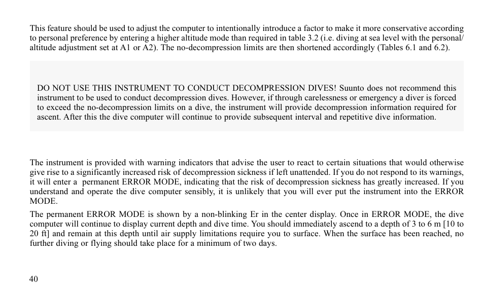 6 error conditions, Warning | SUUNTO FAVOR S User Manual | Page 40 / 65