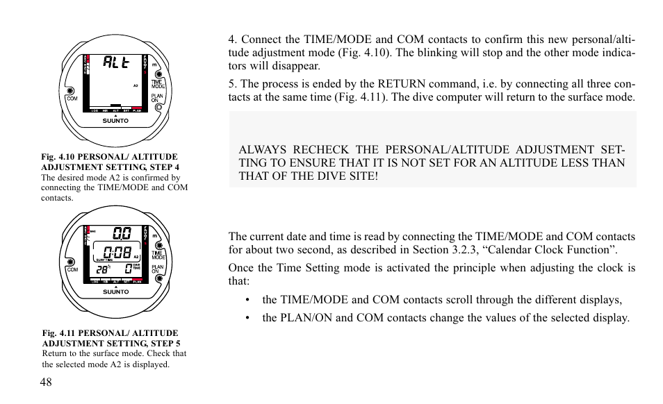 4 setting time and date, Warning | SUUNTO FAVOR S User Manual | Page 48 / 65