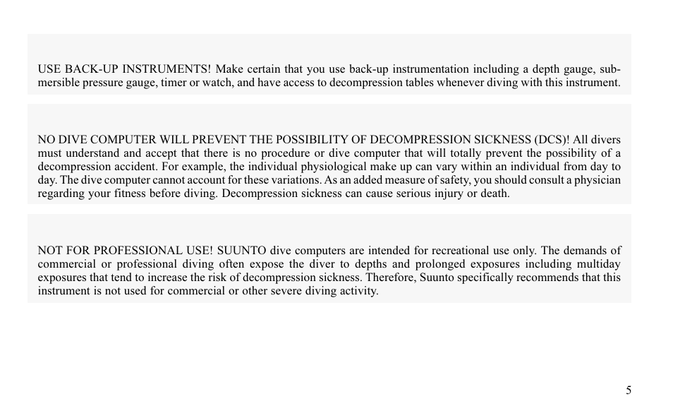 Warning | SUUNTO FAVOR S User Manual | Page 5 / 65