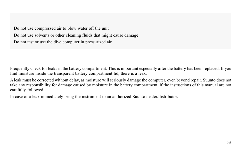 2 battery compartment inspection, Caution | SUUNTO FAVOR S User Manual | Page 53 / 65