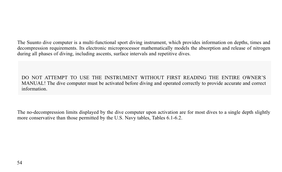 Technical description 6.1 operating principles, No-decompression limits, Warning | SUUNTO FAVOR S User Manual | Page 54 / 65