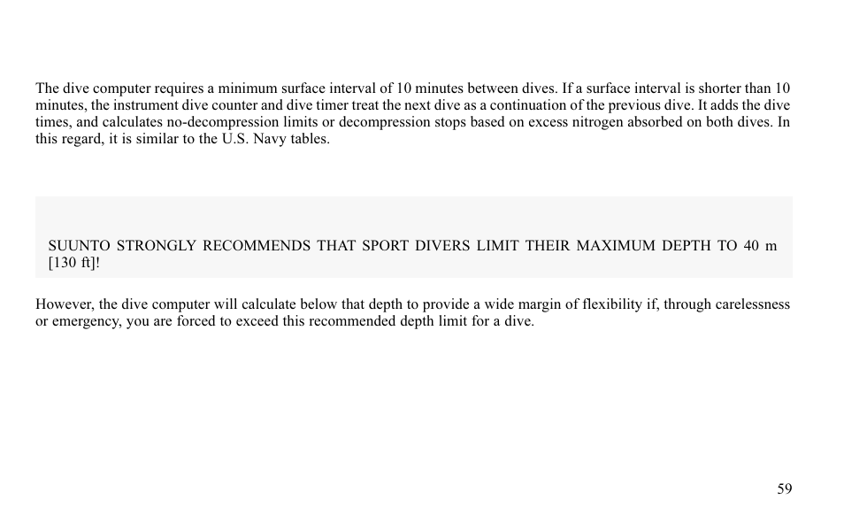 Surface intervals, Depth limits, Warning | SUUNTO FAVOR S User Manual | Page 59 / 65