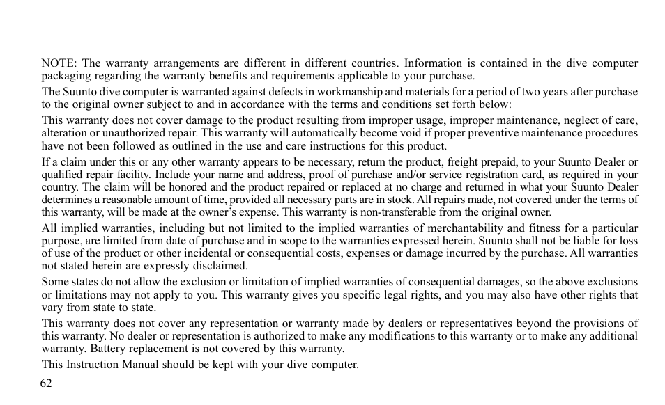 Warranty | SUUNTO FAVOR S User Manual | Page 62 / 65