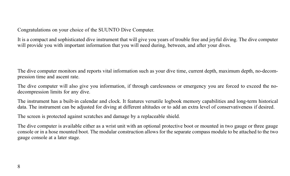 Introduction, Key features | SUUNTO FAVOR S User Manual | Page 8 / 65