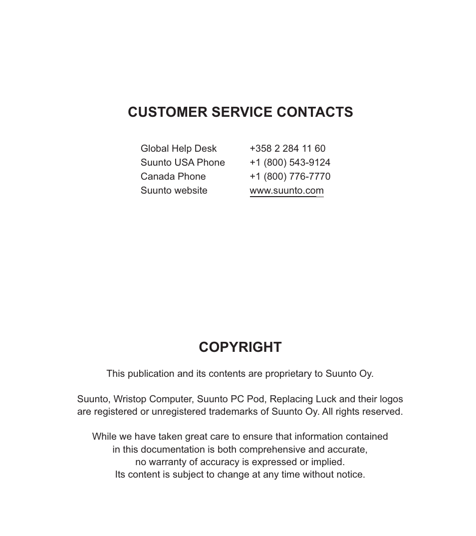 Customer service contacts, Copyright | SUUNTO PC POD User Manual | Page 2 / 9