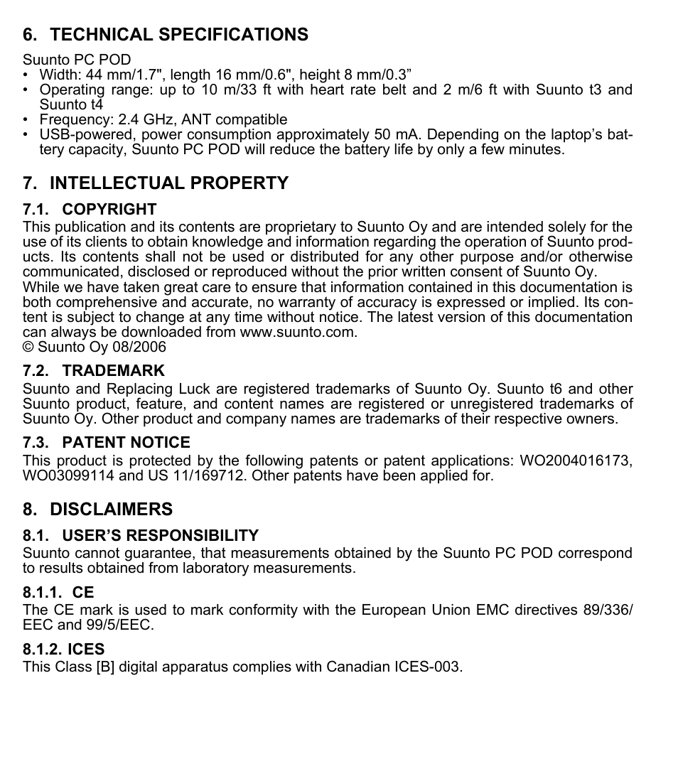 Technical specifications, Intellectual property, Disclaimers | SUUNTO PC POD User Manual | Page 6 / 9