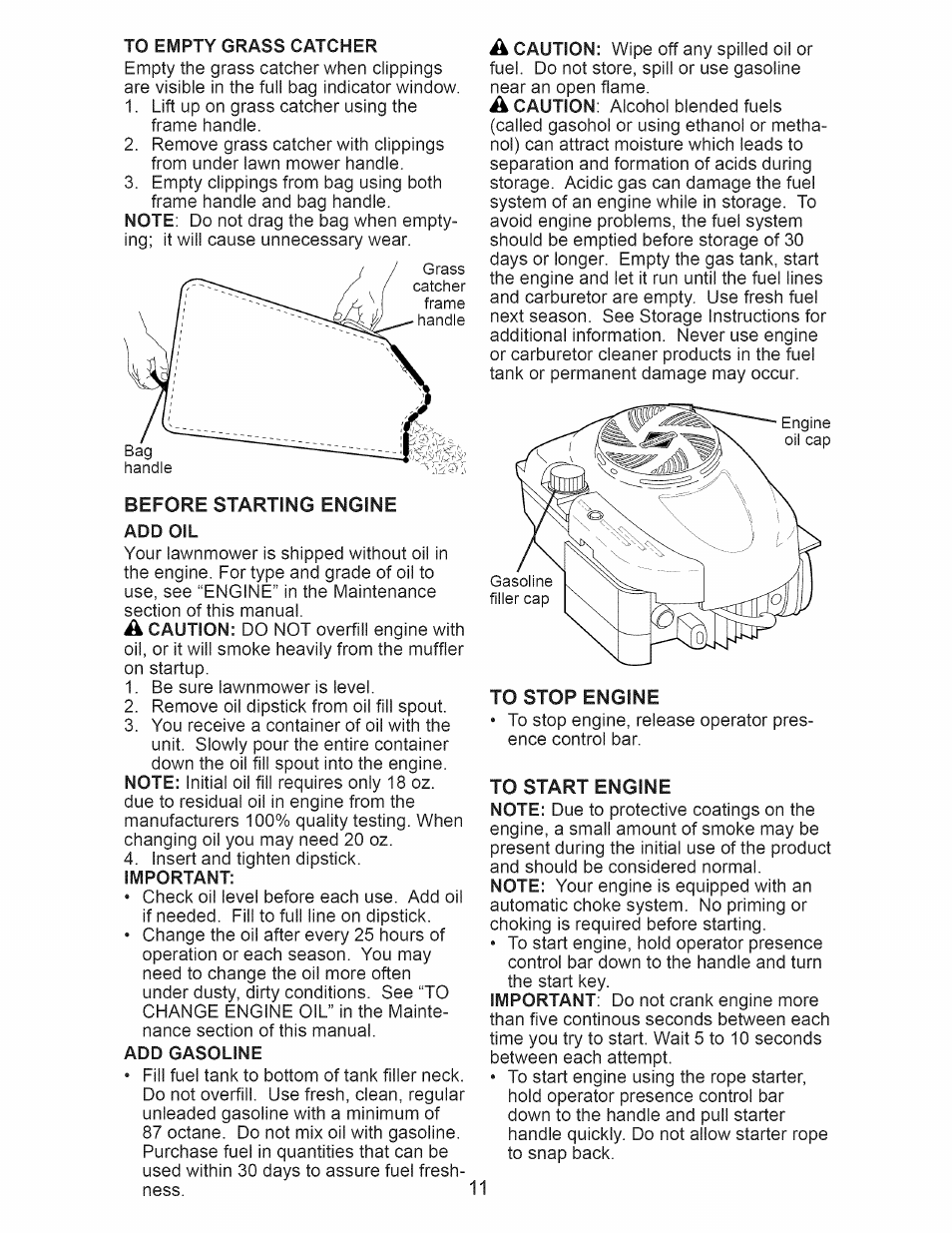 Before starting engine add oil, Add gasoline, To stop engine | To start engine | Craftsman 917.374100 User Manual | Page 11 / 52