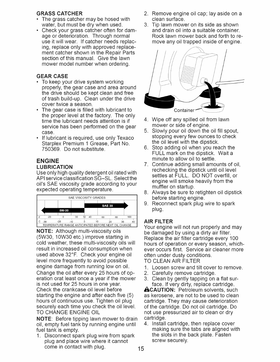 Gear case, Engine, Lubrication | Air filter | Craftsman 917.374100 User Manual | Page 15 / 52