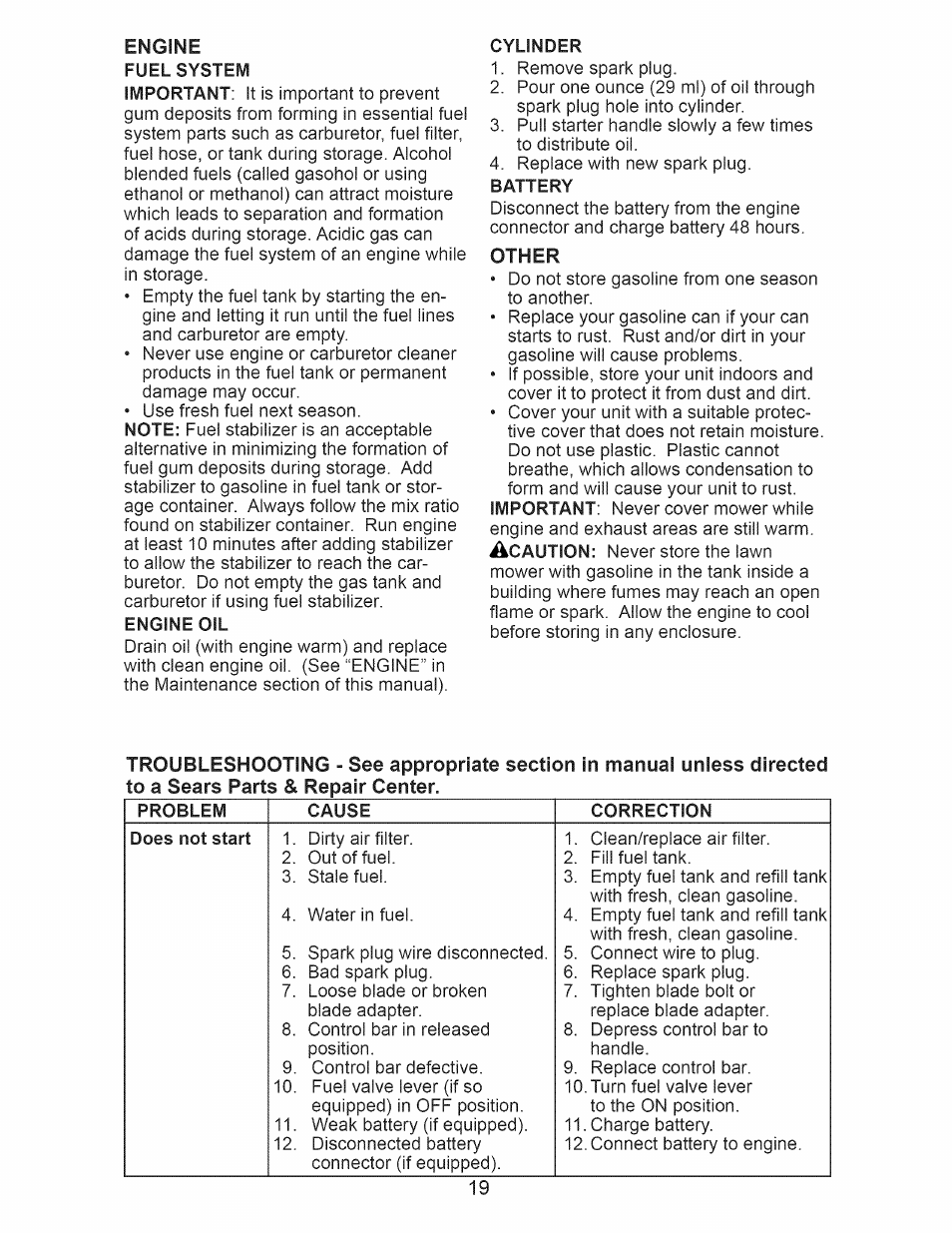 Engine, Engine oil, Cylinder | Other | Craftsman 917.374100 User Manual | Page 19 / 52