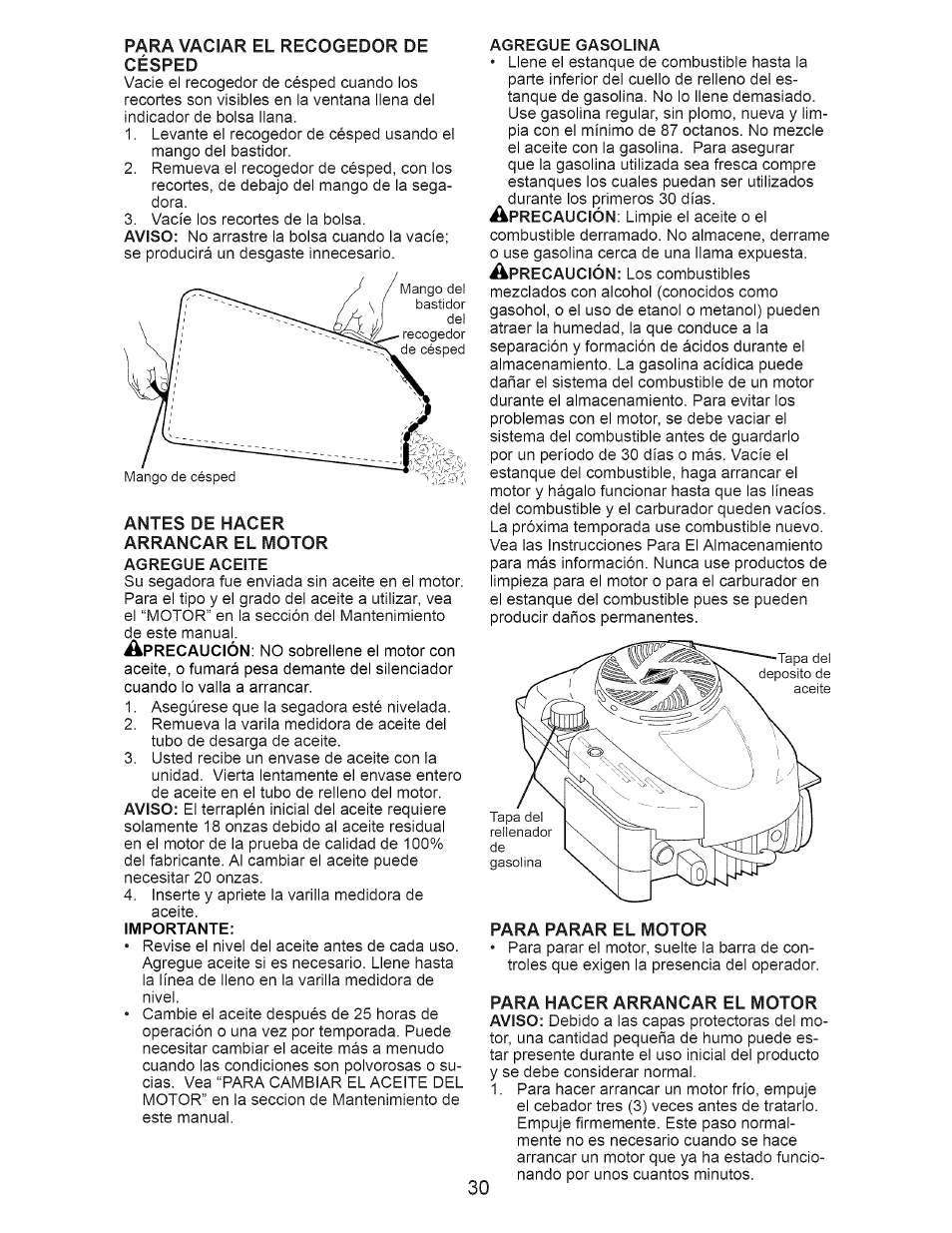 Antes de hacer arrancar el motor agregue aceite, Para parar el motor, Para hacer arrancar el motor | Craftsman 917.374100 User Manual | Page 30 / 52