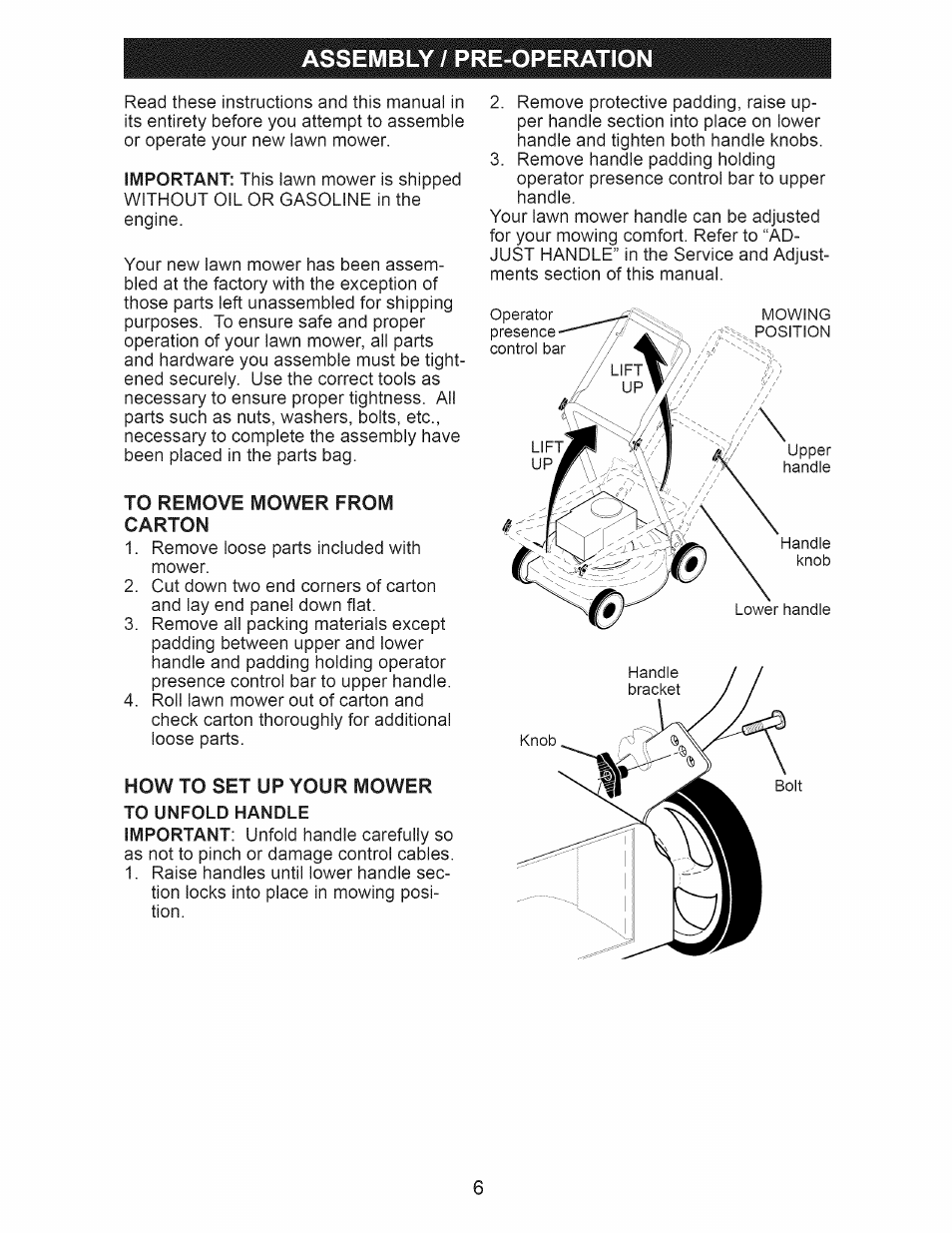 To remove mower from carton, Assembly / pre-operation | Craftsman 917.374100 User Manual | Page 6 / 52