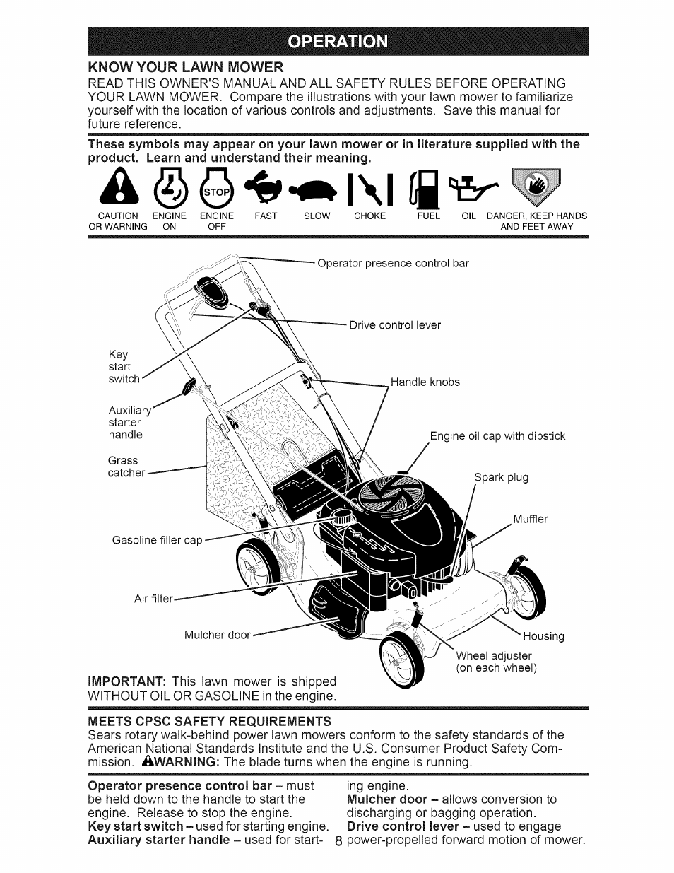 Meets cpsc safety requirements, Operation, Know your lawn mower | Craftsman 917.374100 User Manual | Page 8 / 52