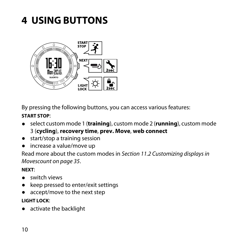 4 using buttons | SUUNTO QUEST User Manual | Page 10 / 53