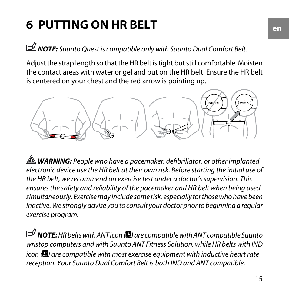 6 putting on hr belt | SUUNTO QUEST User Manual | Page 15 / 53