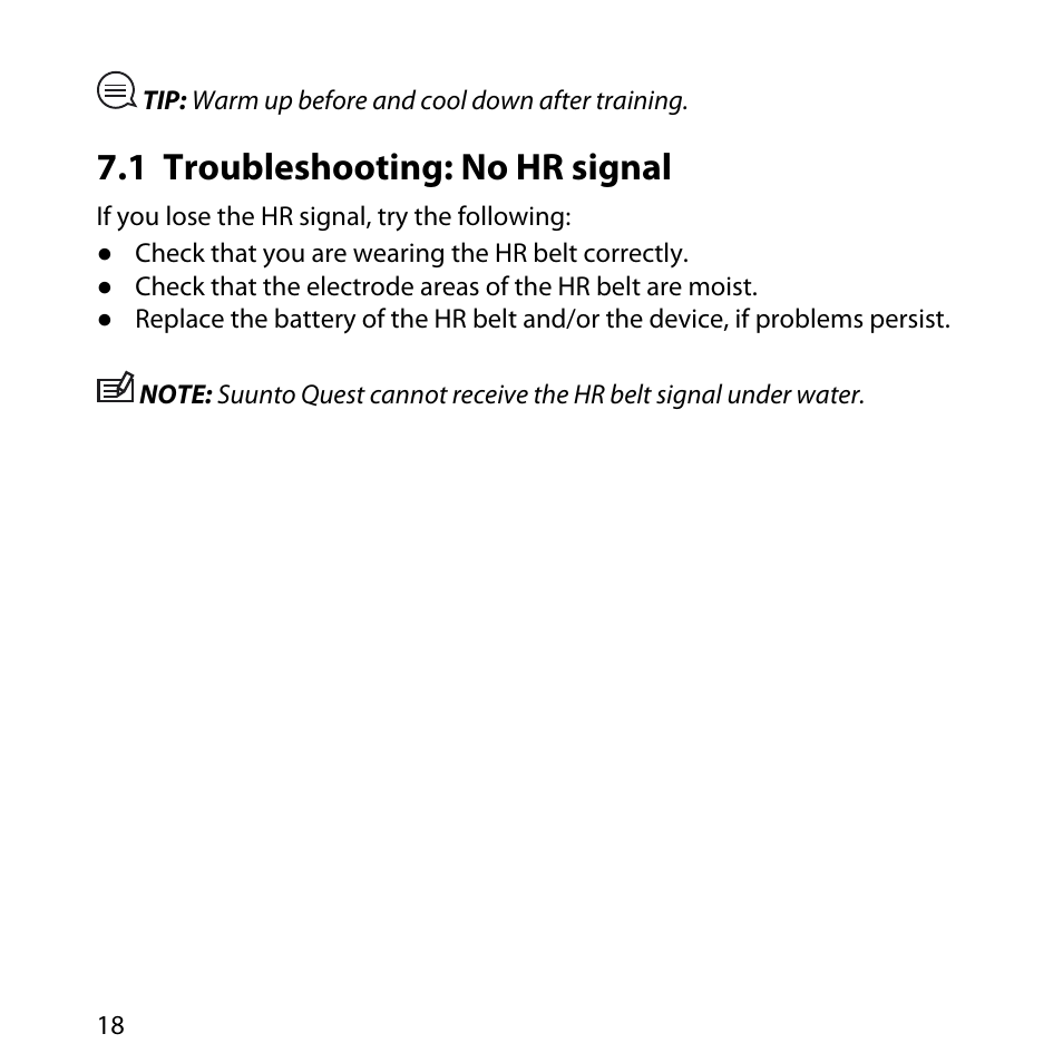 1 troubleshooting: no hr signal | SUUNTO QUEST User Manual | Page 18 / 53