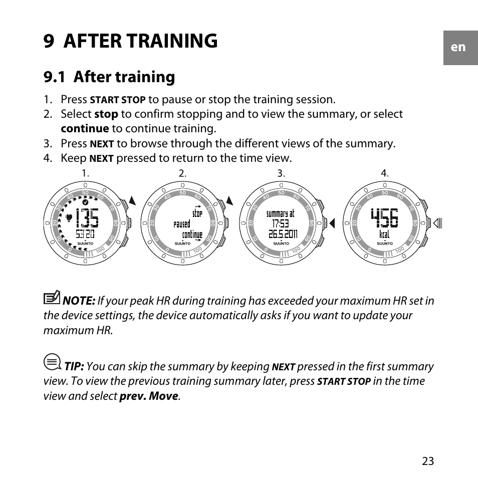 9 after training, 1 after training | SUUNTO QUEST User Manual | Page 23 / 53