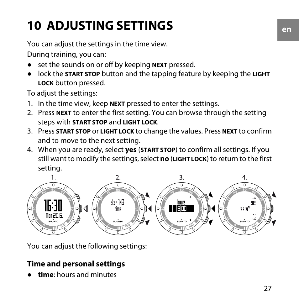 10 adjusting settings, Time and personal settings | SUUNTO QUEST User Manual | Page 27 / 53