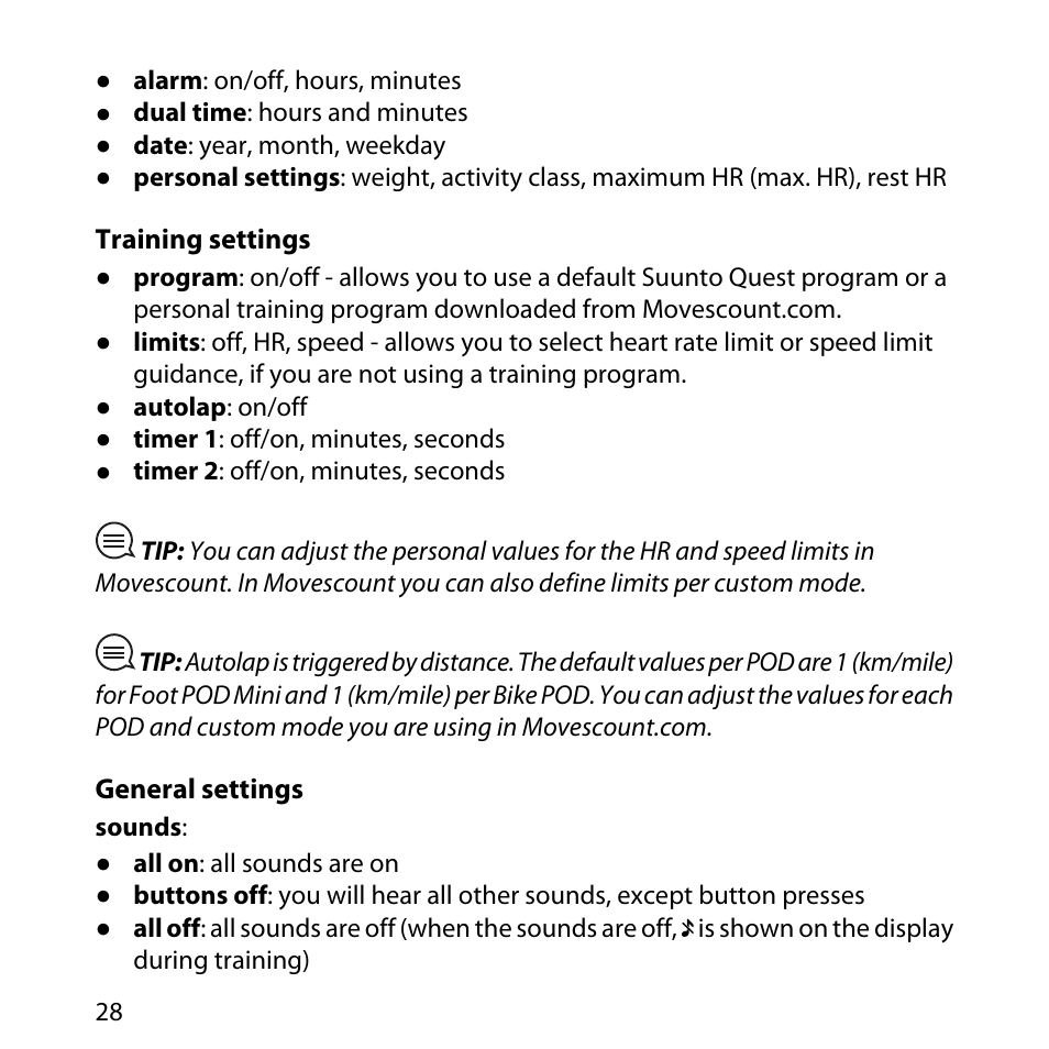 Training settings, 28 general settings | SUUNTO QUEST User Manual | Page 28 / 53