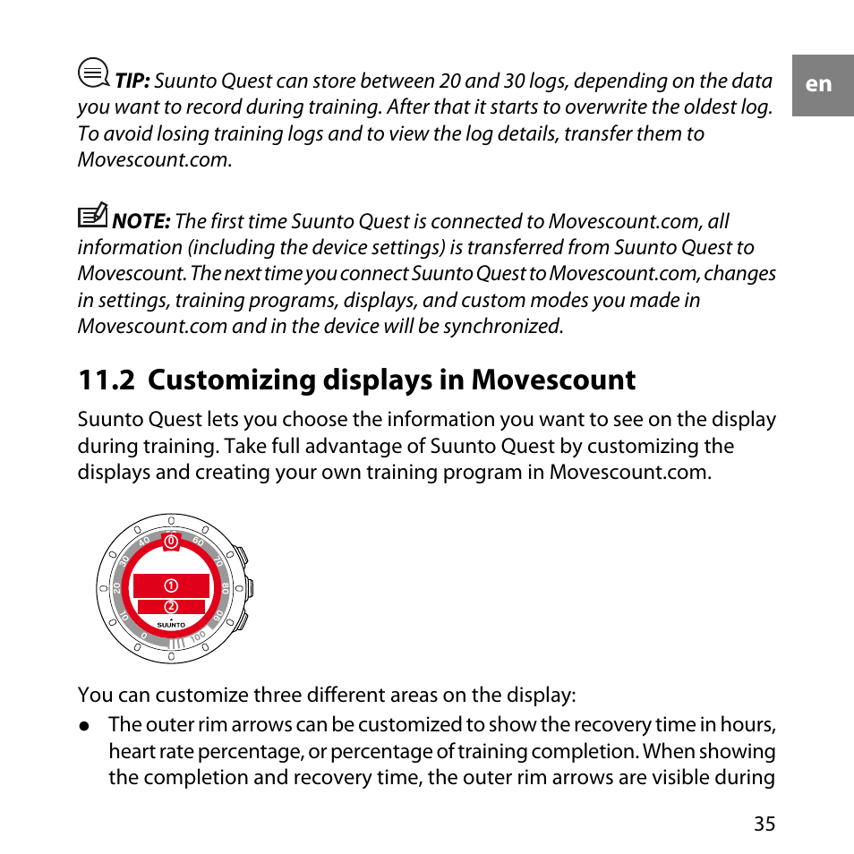 2 customizing displays in movescount | SUUNTO QUEST User Manual | Page 35 / 53