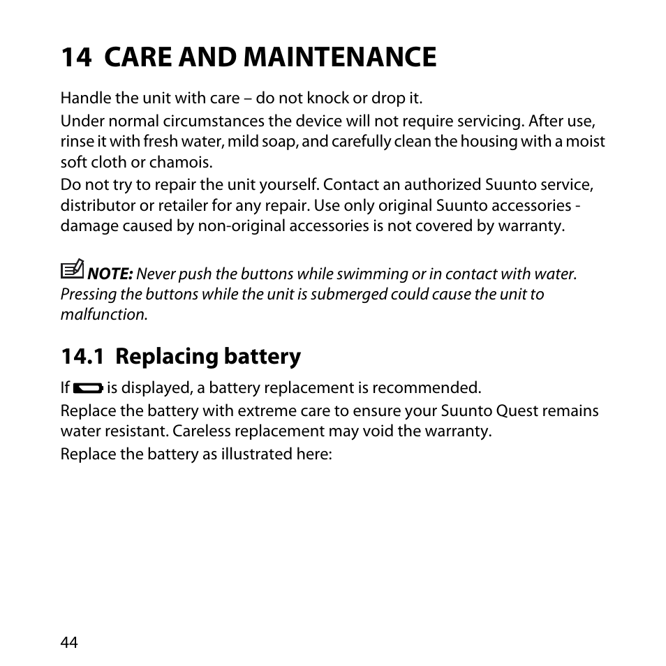 14 care and maintenance, 1 replacing battery | SUUNTO QUEST User Manual | Page 44 / 53