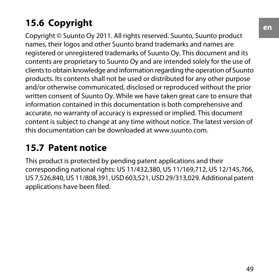 6 copyright, 7 patent notice, 49 15.7 patent notice | SUUNTO QUEST User Manual | Page 49 / 53