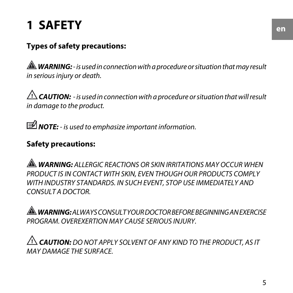 1 safety, Types of safety precautions, 5 safety precautions | SUUNTO QUEST User Manual | Page 5 / 53